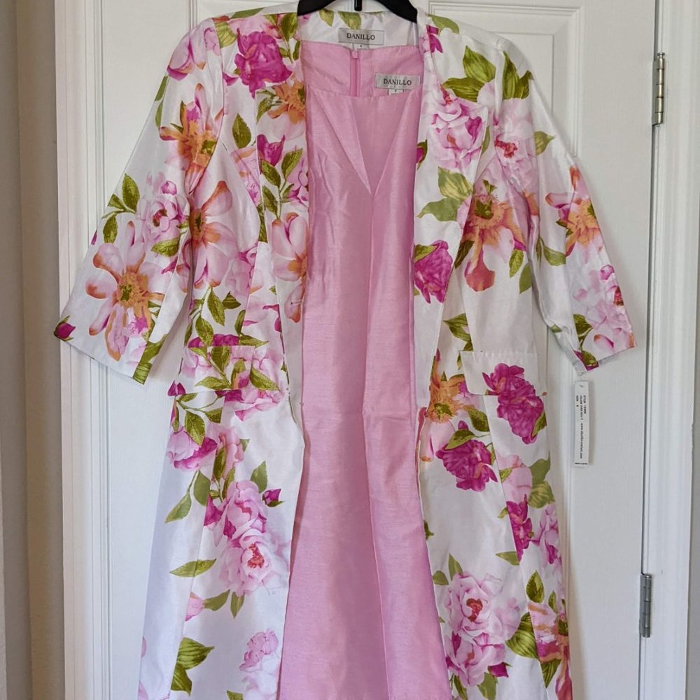Easter! Beautiful Pink Sheath Satiny Dress & Matching Floral Dressy Coat Size 8